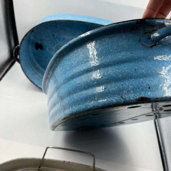 Antique Turquoise Cornflower Blue Large Roaster Rack Enamelware On Steel 4 Piece - Picture 12 of 15